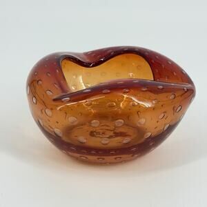Rare Mid Century Modern Amber Controlled Bubble Art Glass Ashtray Mint